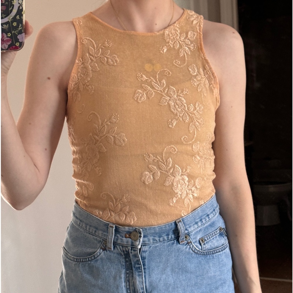 Cacique Lingerie Vintage Peach Flower Embroidered Semi-sheer Top